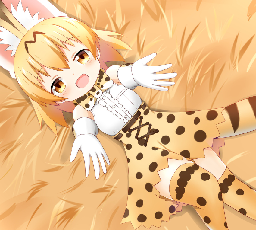 1girl animal_ear_fluff animal_ears bangs blonde_hair blush bow bowtie brown_eyes center_frills commentary_request day elbow_gloves eyebrows_visible_through_hair frills gloves hair_between_eyes high-waist_skirt kemono_friends long_hair lying on_back outdoors outstretched_arms print_gloves print_legwear print_neckwear print_skirt serval_(kemono_friends) serval_ears serval_print serval_tail shin01571 shirt skirt sleeveless sleeveless_shirt solo striped_tail tail thigh-highs white_shirt