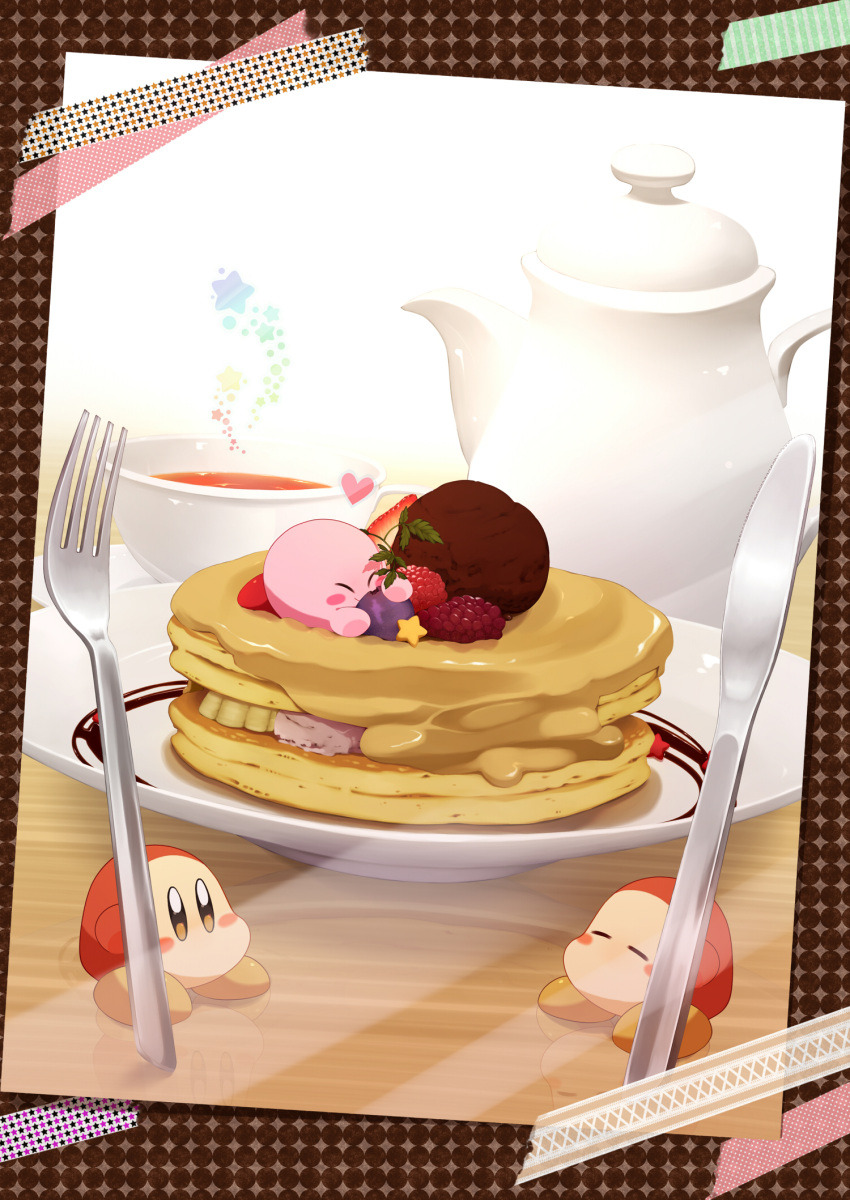 blueberry blush_stickers brown_eyes closed_eyes cup dessert food fork fruit heart highres kirby kirby_(series) knife nintendo pancake plate ponto1588 raspberry reflection strawberry syrup table teacup teapot waddle_dee