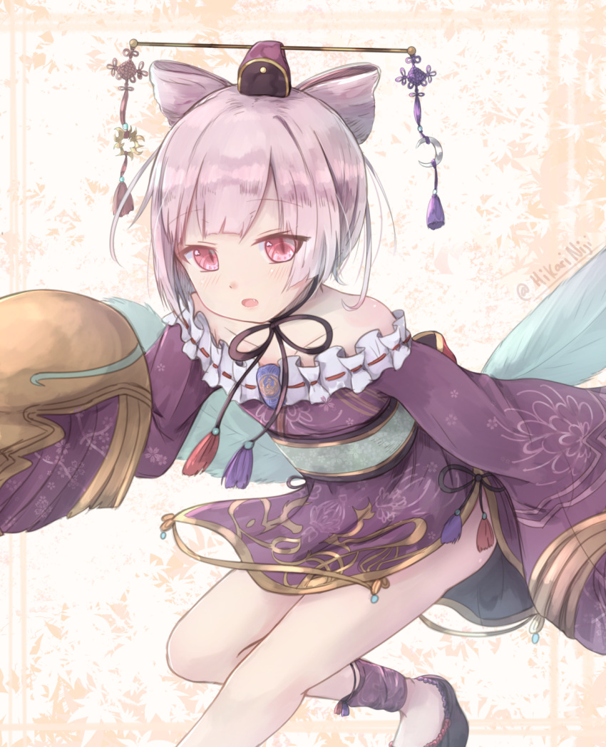 1girl atelier_(series) atelier_sophie bangs bare_shoulders black_ribbon blush brown_hat collarbone commentary cornelia_(atelier) crescent dalachi_(headdress) dress english_commentary eyebrows_visible_through_hair fang frilled_dress frills hat highres hikari_niji long_sleeves looking_at_viewer mini_hat neck_ribbon parted_lips pink_hair purple_dress red_eyes ribbon ribbon-trimmed_dress ribbon_trim short_dress short_hair sleeves_past_fingers sleeves_past_wrists slit_pupils solo twitter_username wide_sleeves