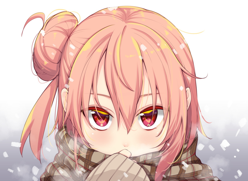 1girl akino_sora bangs blush breath brown_hair brown_scarf brown_sweater commentary_request covered_mouth eyebrows_visible_through_hair hair_between_eyes hair_bun hand_up highres long_sleeves looking_at_viewer plaid plaid_scarf portrait red_eyes scarf side_bun sleeves_past_wrists solo sweater yahari_ore_no_seishun_lovecome_wa_machigatteiru. yuigahama_yui