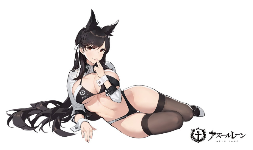 1girl animal_ears arm_support atago_(azur_lane) azur_lane bangs bikini black_bikini black_hair black_legwear blush breasts brown_eyes cleavage copyright_name extra_ears fingers_to_mouth full_body high_heels highleg highleg_bikini kishiyo large_breasts logo long_hair looking_at_viewer lying mole mole_under_eye navel official_art on_side racequeen shrug_(clothing) sidelocks simple_background skindentation smile solo stomach swimsuit thighs white_background white_footwear wrist_cuffs