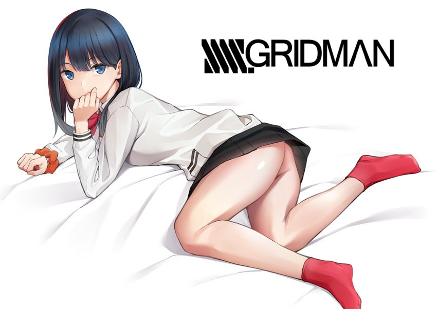 1girl ass bangs black_hair black_skirt blue_eyes bow bowtie breasts copyright_name feet legs long_hair long_sleeves looking_at_viewer miniskirt pleated_skirt red_bow red_legwear red_neckwear school_uniform scrunchie skirt socks solo ssss.gridman sweater swept_bangs takarada_rikka thighs umihotaru_harumare white_background white_sweater wrist_scrunchie