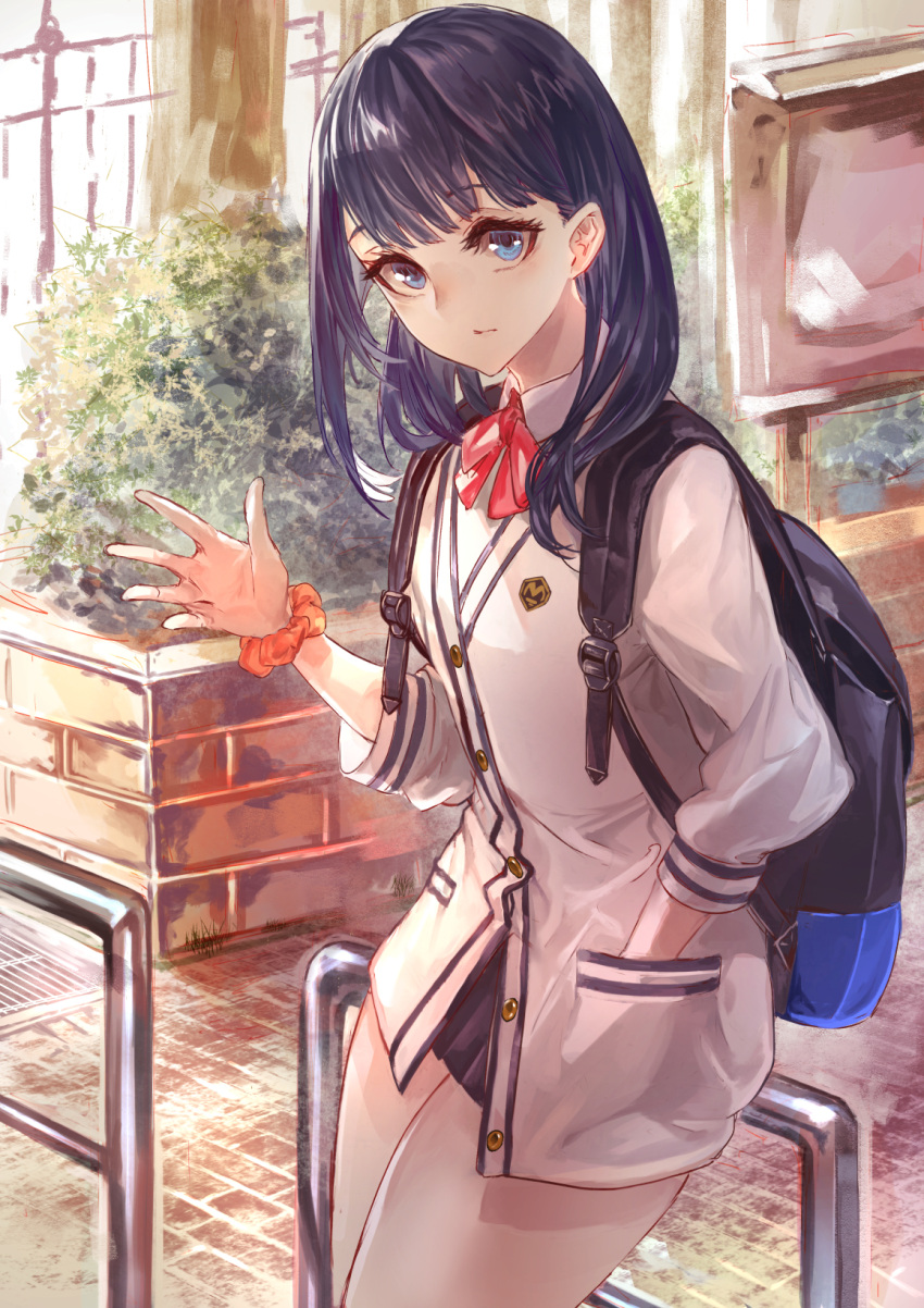 1girl backpack bag bangs black_hair black_skirt blazer blue_eyes bow cardigan closed_mouth commentary_request hand_in_pocket highres jacket leaning_back leaning_on_rail long_hair long_sleeves looking_at_viewer outstretched_hand pleated_skirt red_neckwear school_uniform scrunchie signo_aaa skirt ssss.gridman takarada_rikka thighs wrist_scrunchie