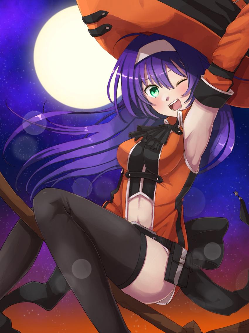 1girl arm_up black_legwear blue_hair broom broom_riding detached_sleeves fire_emblem fire_emblem:_souen_no_kiseki fire_emblem_heroes green_eyes halloween_costume hat headband highres long_hair moon nagisa_fe navel_cutout night night_sky nintendo one_eye_closed open_mouth sky solo star_(sky) thigh-highs wayu_(fire_emblem) white_headband witch_hat