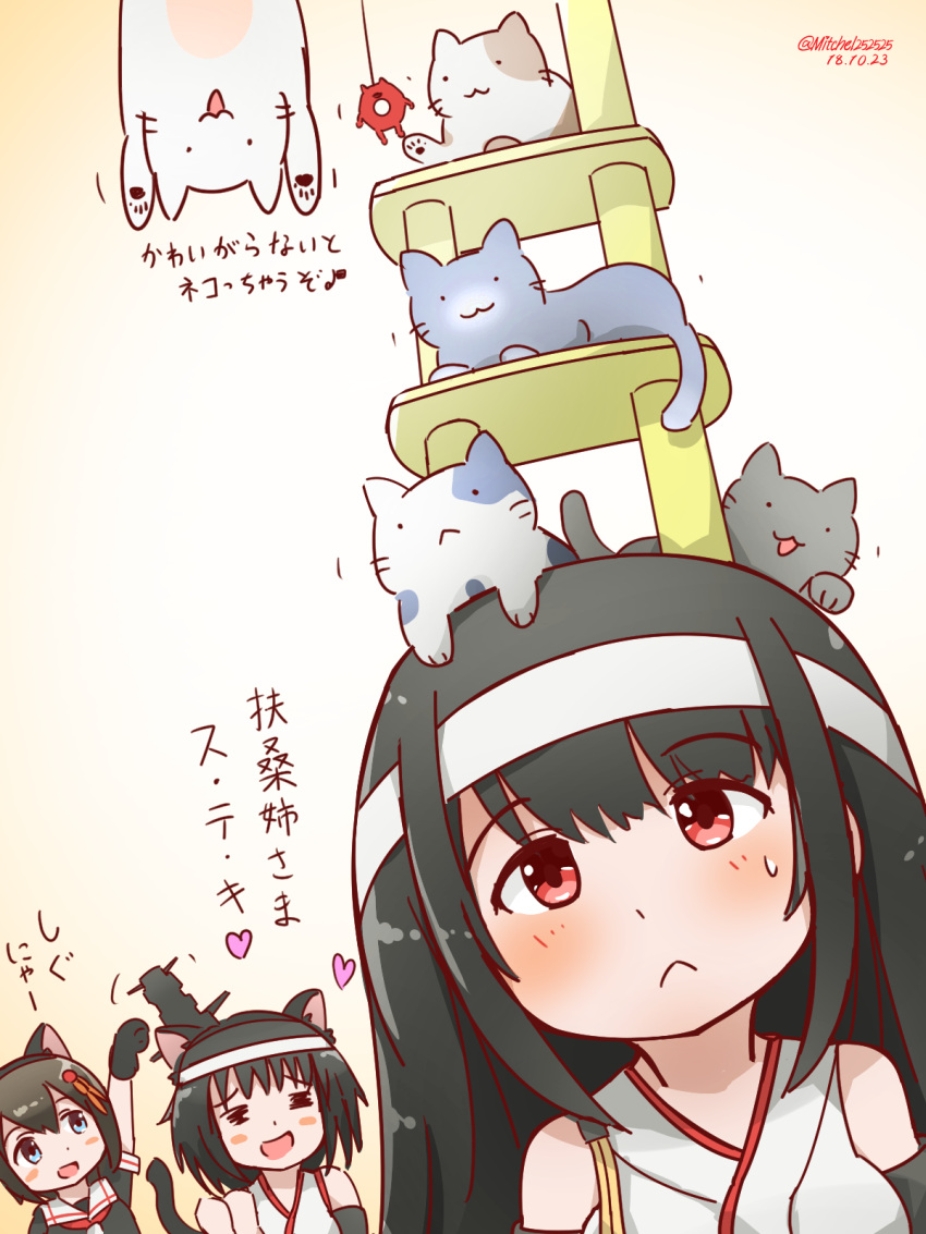 3girls alternate_headwear black_hair black_serafuku commentary_request detached_sleeves fusou_(kantai_collection) hair_ornament headband headgear highres japanese_clothes kantai_collection long_hair miccheru multiple_girls nontraditional_miko red_eyes remodel_(kantai_collection) school_uniform serafuku shigure_(kantai_collection) short_hair translation_request yamashiro_(kantai_collection)