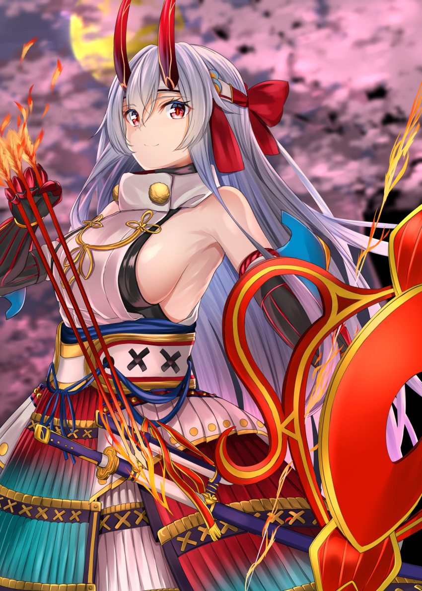 1girl absurdres armor arrow bare_shoulders blurry blurry_background breasts clouds cowboy_shot elbow_gloves fate/grand_order fate_(series) gloves hair_between_eyes headband highres holding holding_weapon horns japanese_armor japanese_clothes katana kimono kusazuri long_hair looking_at_viewer moon night obi oni oni_horns red_eyes red_ribbon ribbon sash sheath sideboob smile solo standing sword takenoko_27074918 tomoe_gozen_(fate/grand_order) weapon white_hair white_kimono