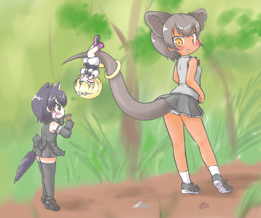 3girls :d :p ^_^ anteater_tail black_eyes black_hair black_legwear black_skirt blonde_hair blush claw_pose closed_eyes closed_eyes commentary dark_skin extra_ears fang fossa_(kemono_friends) fossa_ears fossa_tail hairband hanging kemono_friends long_tail looking_at_another looking_back minigirl multiple_girls nature open_mouth orange_eyes outdoors panties pantyshot short_hair silky_anteater_(kemono_friends) size_difference skirt smile tail tail_wrap tasmanian_devil_(kemono_friends) tasmanian_devil_ears tasmanian_devil_tail thigh-highs tiptoes tongue tongue_out uho_(uhoyoshi-o) underwear upside-down