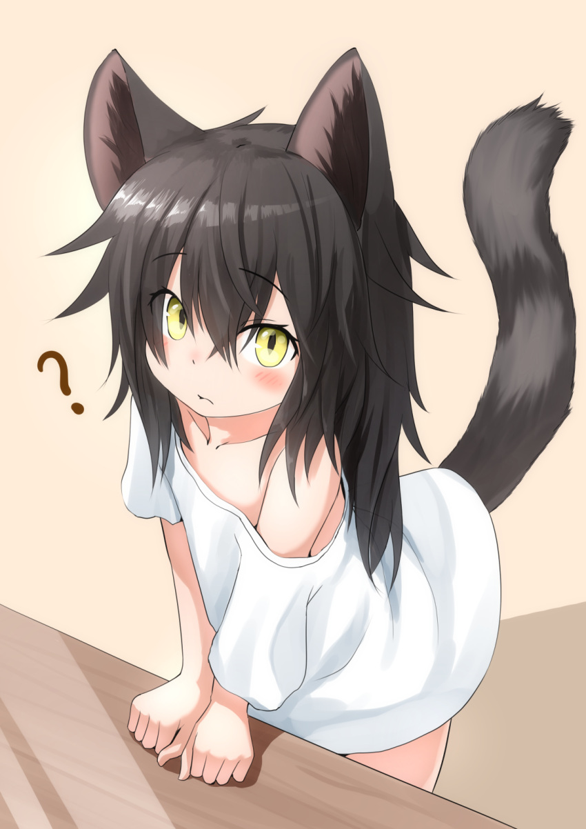 1girl ? animal_ears arm_support bangs bare_shoulders black_hair blush cat_ears cat_girl cat_tail closed_mouth collarbone commentary_request eyebrows_visible_through_hair hair_between_eyes highres kyabe_tsuka leaning_forward long_hair looking_at_viewer off_shoulder original oversized_clothes oversized_shirt shirt short_sleeves solo standing tail tail_raised white_shirt yellow_eyes