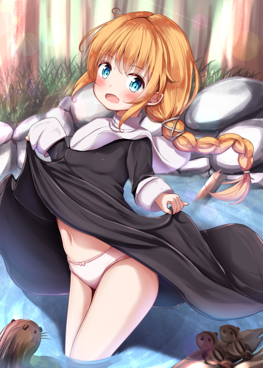 1girl :d alice_schuberg bangs black_dress blonde_hair blue_eyes blush bow bow_panties braid breasts commentary_request day dress dress_lift eyebrows_visible_through_hair fang forest grey_ribbon hair_between_eyes hair_ribbon highres lifted_by_self long_hair long_sleeves looking_at_viewer mochiyuki nature navel open_mouth outdoors panties ribbon rock sidelocks single_braid sleeves_past_wrists small_breasts smile solo sunlight sword_art_online tree underwear very_long_hair wading water white_panties