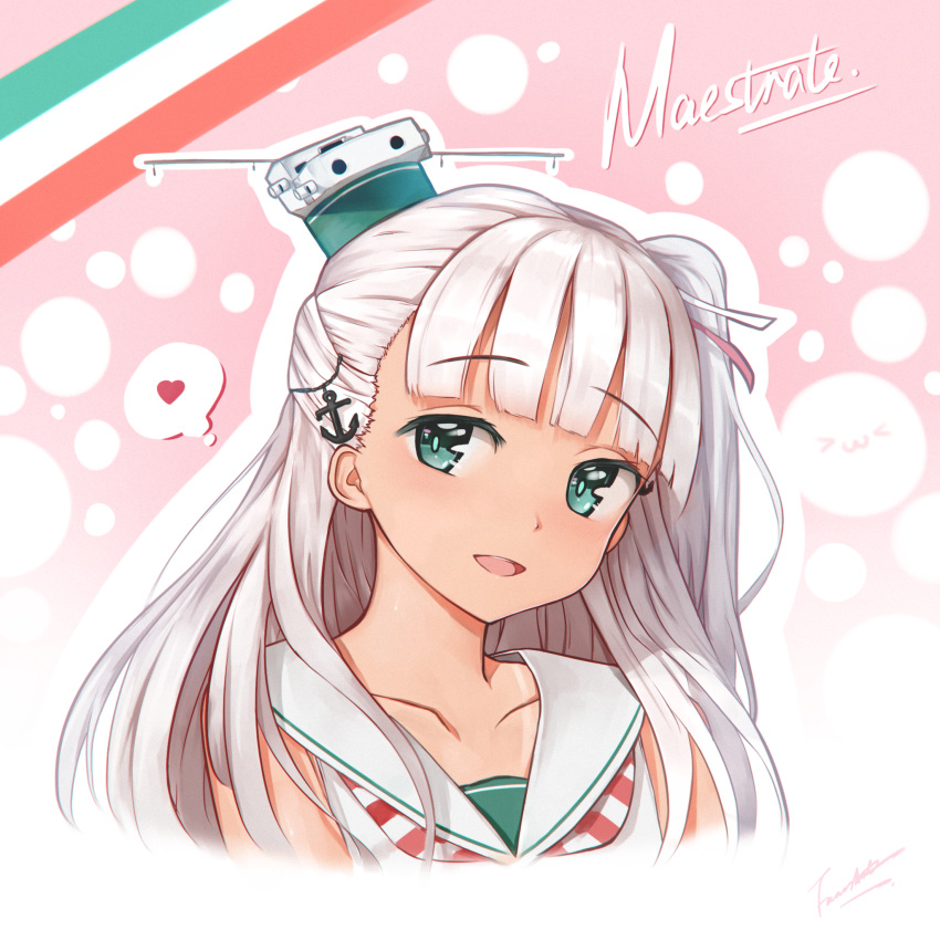 1girl :d anchor_hair_ornament bangs bare_shoulders blunt_bangs blush character_name closed_eyes collarbone commentary_request fancyark green_eyes hair_ornament hair_ribbon hat head_tilt heart highres italian_flag kantai_collection looking_at_viewer maestrale_(kantai_collection) mini_hat neckerchief one_side_up open_mouth pink_background portrait ribbon sailor_collar signature sleeveless smile solo striped_neckwear thought_bubble two-tone_background upper_teeth white_hair white_hat white_sailor_collar