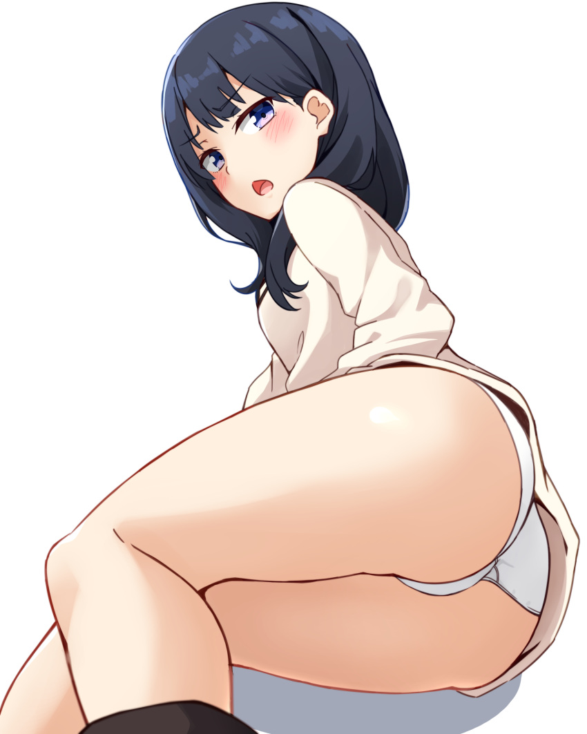 1girl ass bangs black_hair black_legwear blush cardigan chestnut_mouth commentary_request eyebrows_visible_through_hair highres kapatarou kneehighs long_hair looking_at_viewer open_mouth panties shadow simple_background solo ssss.gridman takarada_rikka thighs underwear violet_eyes white_background white_cardigan white_panties