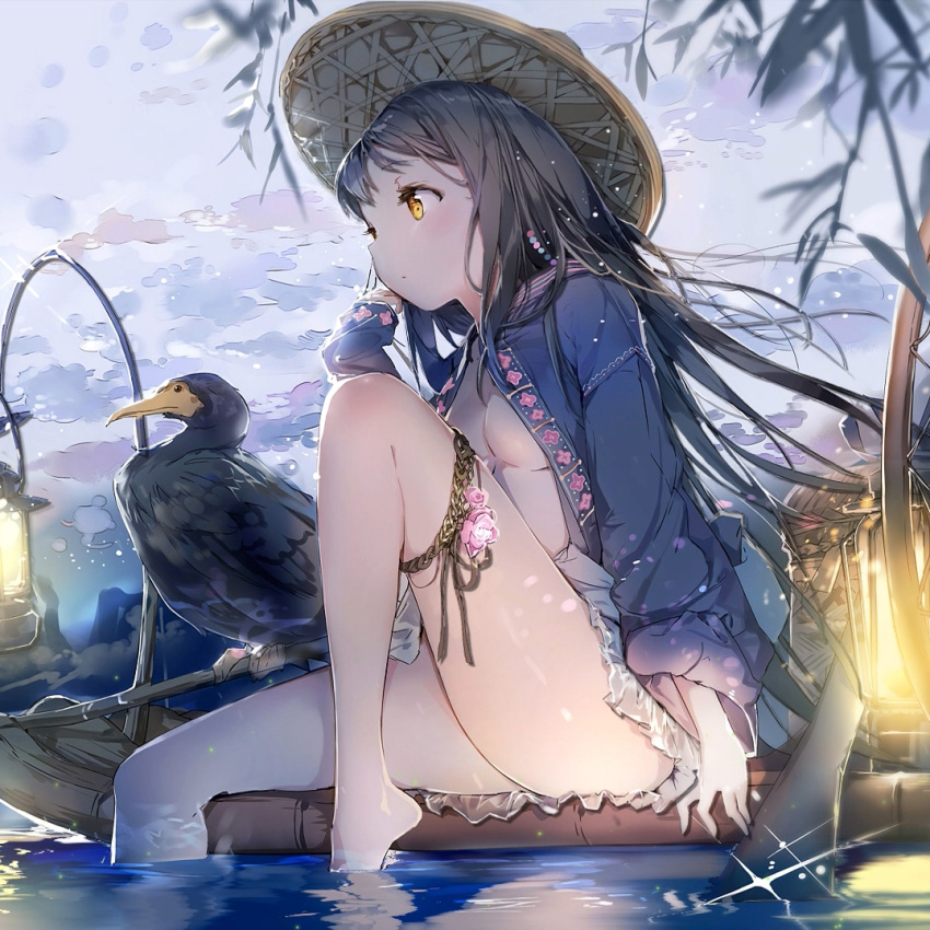 1girl anmi bare_legs barefoot beads bird black_hair breasts brown_eyes chinese_clothes day expressionless frills hair_beads hair_ornament hand_up hat lantern leg_up legs long_hair looking_to_the_side no_bra oar open_clothes open_shirt outdoors raft river shirt sitting sky small_breasts soaking_feet solo straw_hat tagme thigh_strap thighs water yellow_eyes