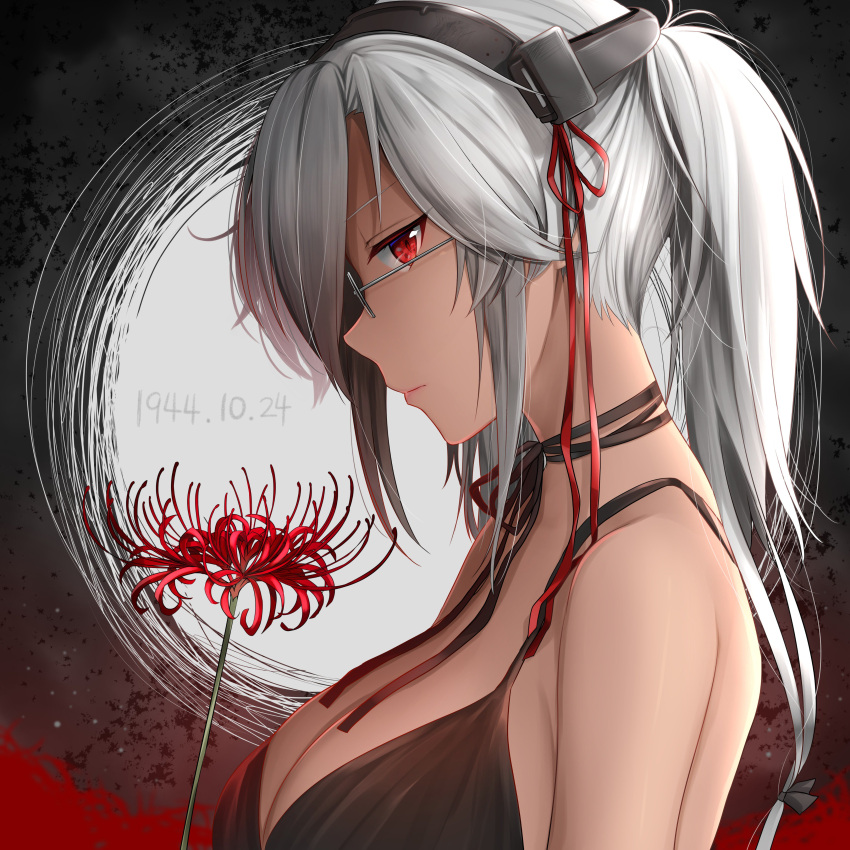 1girl absurdres alternate_costume bangs bare_shoulders black_dress black_ribbon breasts dark_skin dated dress flower from_side glasses hair_between_eyes headgear highres holding holding_flower kantai_collection large_breasts long_hair looking_at_viewer musashi_(kantai_collection) neck_ribbon red_eyes ribbon sidelocks silver-framed_eyewear solo two_side_up yunamaro