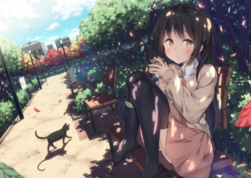 1girl animal bag bangs bench black_cat black_hair black_legwear blue_sky bow brown_eyes brown_neckwear brown_skirt brown_sweater building can cat clouds cloudy_sky collared_shirt commentary_request day dutch_angle earphones earphones eyebrows_visible_through_hair fingernails hair_ornament hairclip hands_up hatsuki_kaname holding holding_can lamppost leaf long_hair long_sleeves looking_at_viewer no_shoes on_bench original outdoors park_bench parted_lips pleated_skirt school_bag shade shirt sign sitting skirt sky sleeves_past_wrists solo sweater thigh-highs tree tree_shade very_long_hair white_shirt