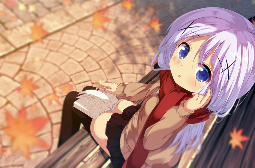 1girl :o autumn_leaves bangs bench black_legwear black_skirt blue_eyes blurry blurry_background blush book brown_cardigan cardigan chinomaron commentary_request depth_of_field eyebrows_visible_through_hair from_above gochuumon_wa_usagi_desu_ka? hair_between_eyes hair_ornament hair_tucking hand_up kafuu_chino leaf long_hair long_sleeves looking_at_viewer looking_up maple_leaf on_bed open_book park_bench parted_lips pleated_skirt purple_hair red_scarf scarf sitting skirt solo thigh-highs very_long_hair x_hair_ornament