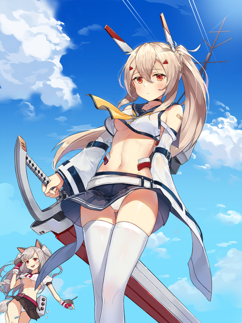 2girls aliceblue animal_ears ayanami_(azur_lane) azur_lane bandaid_on_arm bangs bare_shoulders blue_sky blush braid breasts cannon commentary_request crop_top crop_top_overhang day eyebrows_visible_through_hair fingerless_gloves gloves gluteal_fold hair_between_eyes hair_ornament hand_up headgear highres holding holding_sword holding_weapon light_brown_hair long_hair looking_at_viewer medium_breasts miniskirt multiple_girls navel open_mouth outdoors panties pantyshot pleated_skirt ponytail red_eyes revision rigging school_uniform serafuku shirt sidelocks silver_hair skindentation skirt sky smile sweat sword tail thick_eyebrows thigh-highs thighs torpedo_launcher turret under_boob underwear weapon white_legwear white_panties white_shirt wide_sleeves yellow_neckwear yuudachi_(azur_lane)