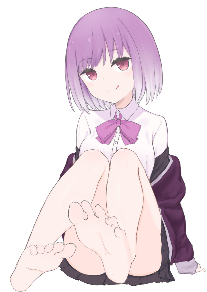 1girl :q bare_legs barefoot black_skirt bow closed_mouth collared_shirt commentary_request convenient_leg coraman dress_shirt feet full_body head_tilt highres jacket legs long_sleeves miniskirt off_shoulder pleated_skirt purple_bow purple_hair purple_jacket red_eyes shinjou_akane shirt short_hair simple_background skirt sleeves_past_wrists smile soles solo ssss.gridman tongue tongue_out white_background white_shirt