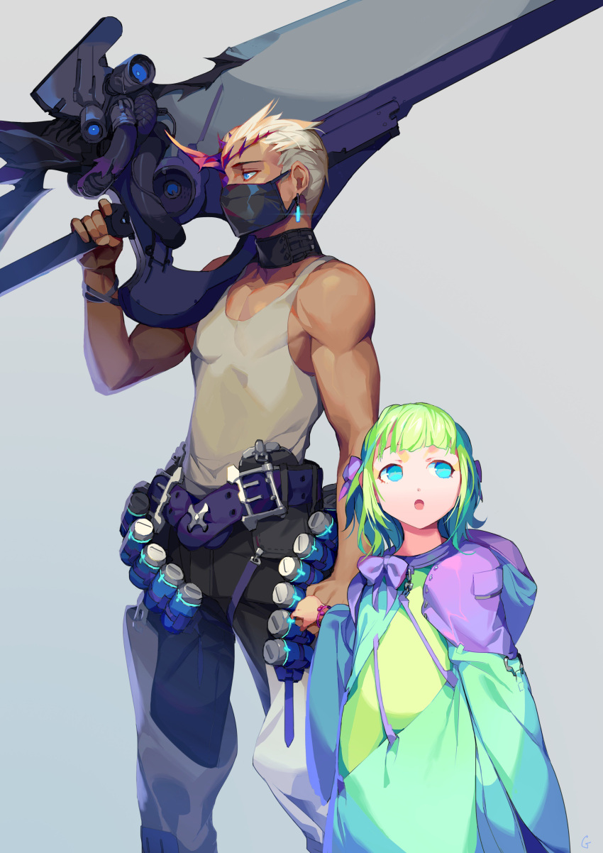 1boy 1girl absurdres belt blonde_hair blue_eyes bow bracelet buckle collar earrings golimao green_hair hair_ribbon hand_holding highres holding holding_weapon jewelry mask open_mouth original ribbon short_hair simple_background size_difference sword tank_top weapon