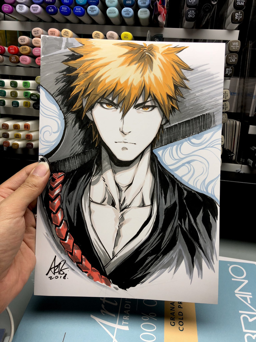 1boy bleach closed_mouth collarbone commentary english_commentary facing_viewer highres japanese_clothes kimono kurosaki_ichigo looking_at_viewer male_focus marker_(medium) neck orange_eyes orange_hair over_shoulder shinigami short_hair signature spiky_hair stanley_lau sword sword_over_shoulder tensa_zangetsu_(bankai) traditional_media weapon weapon_over_shoulder