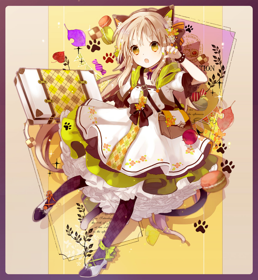 1girl :o animal_ears apple bag bangs blonde_hair bow bracelet briefcase candy cat_ears cat_tail checkerboard_cookie checkered checkered_legwear choker commentary_request cookie dress fake_animal_ears fang fingernails floral_print flower food frilled_dress frills fruit full_body hair_flower hair_ornament hairband highres jewelry leaf long_hair looking_at_viewer macaron multicolored multicolored_nails nail_polish open_mouth original pantyhose paw_pose paw_print ribbon_choker shoes short_sleeves shoulder_bag solo tail very_long_hair yellow_eyes yuzuyomogi