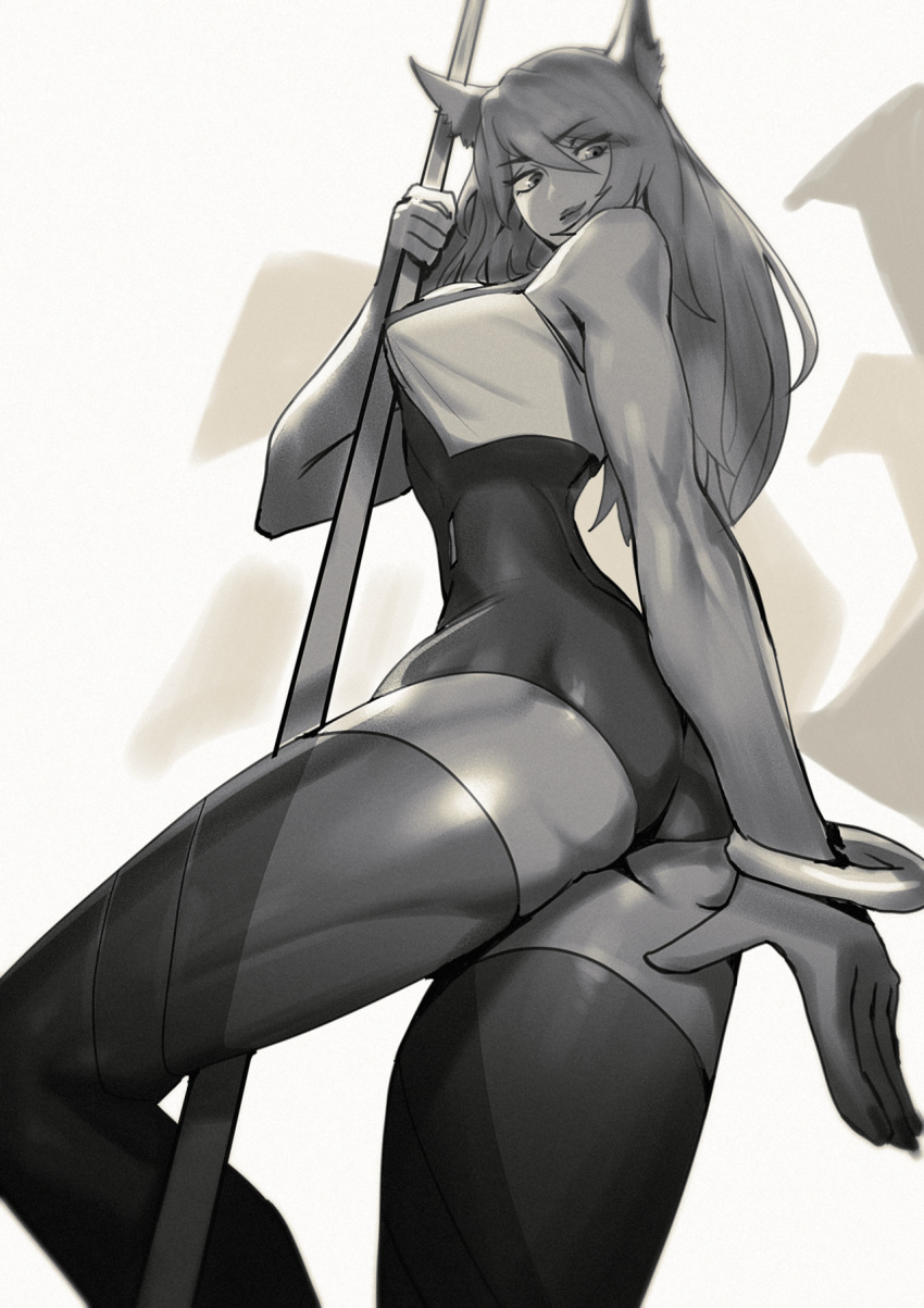 1girl ahri animal_ears ass bangle bare_arms bare_shoulders bracelet breasts fox_ears from_below greyscale half-closed_eyes highres jewelry k/da-ahri league_of_legends leotard lipstick makeup medium_breasts monochrome pole pole_dancing r8-18 skin_tight sleeveless smile thigh-highs