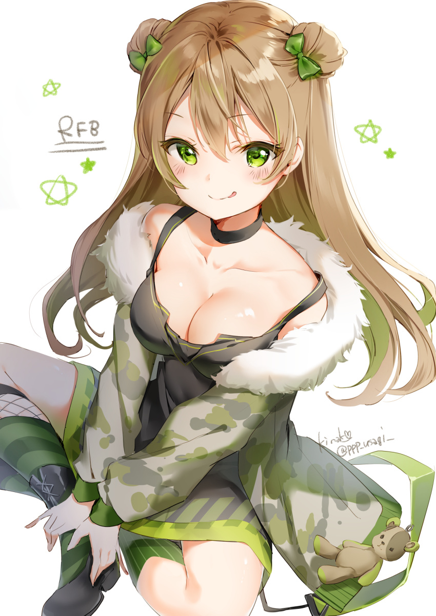 1girl :p bangs bare_shoulders black_choker black_dress black_footwear blush bow breasts brown_hair camouflage_jacket character_name choker cleavage closed_mouth collarbone commentary_request double_bun dress eyebrows_visible_through_hair fur-trimmed_jacket fur_trim girls_frontline green_bow green_eyes green_hair hair_between_eyes hair_bow highres jacket kneehighs long_hair long_sleeves medium_breasts mismatched_legwear multicolored_hair puffy_long_sleeves puffy_sleeves rfb_(girls_frontline) shiratama_akane shoes side_bun simple_background sitting sleeveless sleeveless_dress smile solo striped striped_legwear stuffed_animal stuffed_toy teddy_bear tongue tongue_out twitter_username two-tone_hair vertical-striped_legwear vertical_stripes very_long_hair white_background