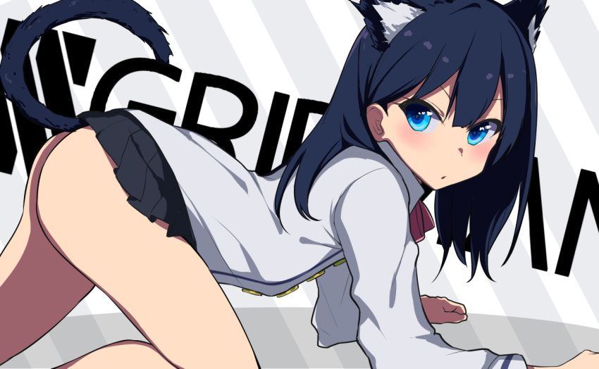 1girl all_fours animal_ear_fluff animal_ears bangs black_hair black_skirt blue_eyes blush cardigan cat_ears cat_girl cat_tail closed_mouth commentary_request copyright_name eyebrows_behind_hair grey_cardigan hair_between_eyes kemonomimi_mode long_hair long_sleeves looking_at_viewer looking_to_the_side miniskirt pleated_skirt ratsuku_kinoko skirt solo ssss.gridman tail tail_raised takarada_rikka v-shaped_eyebrows
