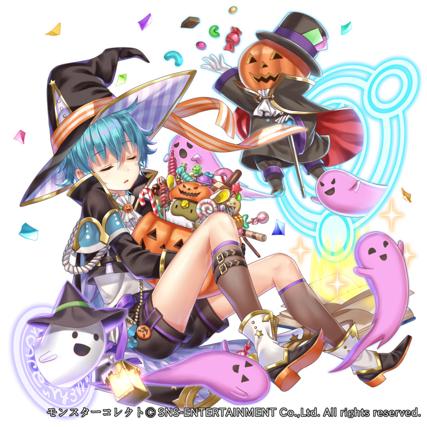 1boy black_hat black_shorts blue_hair candy candy_cane cape closed_eyes company_name fantasy food ghost gloves hakuda_tofu halloween hat highres leg_belt magic_circle male_focus monster_collect official_art shorts sitting sleeping watermark white_gloves witch_hat wrapped_candy