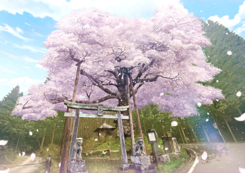 absurdres blue_sky branch cherry_blossoms clouds cloudy_sky commentary_request day falling_leaves fence forest grass highres huge_filesize leaf mahiro_(mahiroht) nature no_humans original outdoors path plant road road_sign scenery shrine sign sky stairs statue torii tree wind