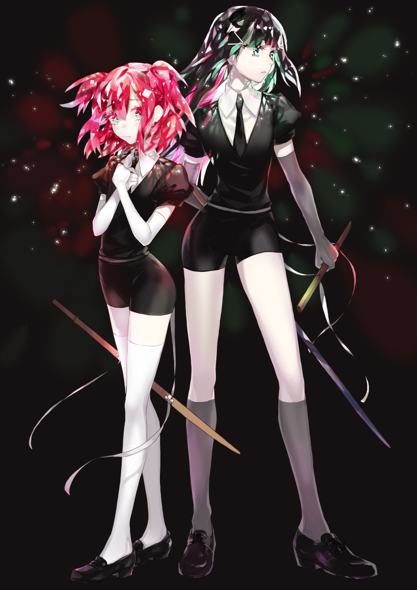 2girls absurdres aqua_eyes black_footwear black_gloves black_hair black_legwear black_neckwear black_shirt black_shorts clenched_hands collared_shirt crystal_hair dark_background elbow_gloves frown full_body gem_uniform_(houseki_no_kuni) gloves hands_on_own_chest highres houseki_no_kuni kneehighs kurosawa_dia kurosawa_ruby long_hair love_live! love_live!_sunshine!! multiple_girls necktie redhead shirt shoes short_shorts short_sleeves shorts siblings sisters standing sudach_koppe thigh-highs two_side_up weapon white_gloves white_legwear white_shirt white_skin