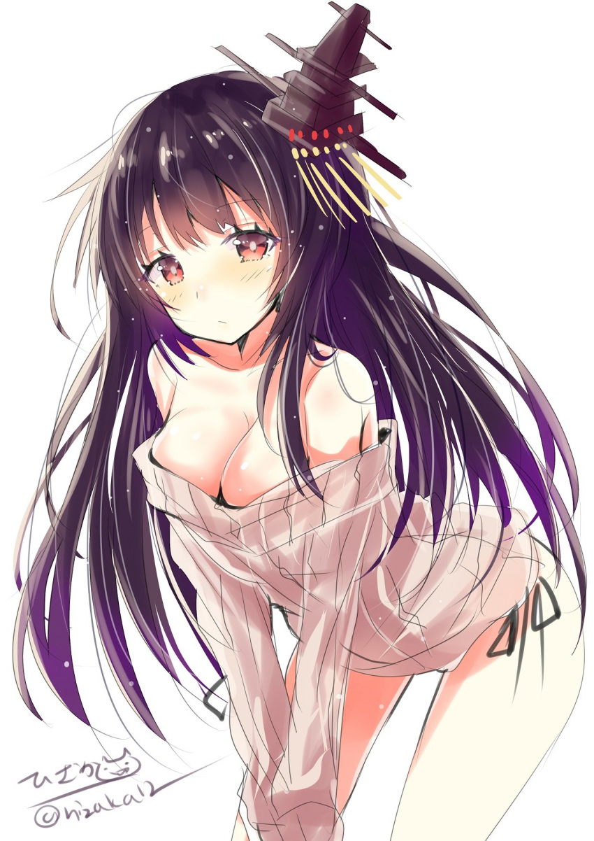 1girl alternate_costume black_hair blush breasts closed_mouth eyebrows_visible_through_hair fusou_(kantai_collection) hair_flaps hair_ornament headgear highres hizaka kantai_collection large_breasts long_hair looking_at_viewer red_eyes simple_background solo sweater twitter_username white_background