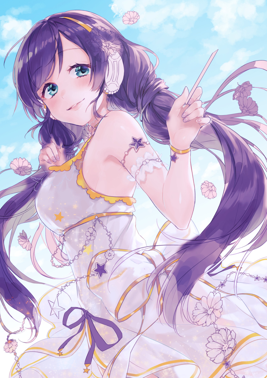 1girl absurdres aqua_eyes armlet bracelet clenched_hands dress flower hair_flower hair_ornament headphones highres holding jewelry long_hair love_live! love_live!_school_idol_project nail_polish parted_lips pink_nails purple_hair purple_ribbon ribbon sleeveless sleeveless_dress smile solo star sudach_koppe toujou_nozomi twintails white_dress