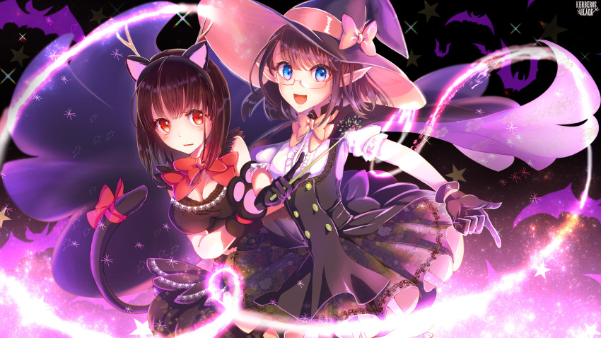 2girls :d :| animal_ears bat black_background black_dress blue_eyes bow breasts brown_hair cape cat_ears cat_tail cleavage closed_mouth copyright_name dress glasses gloves halloween hat hat_bow highres kerberos_blade long_hair looking_at_viewer magic medium_breasts medium_hair multiple_girls official_art open_mouth paw_gloves paws pointy_ears purple_cape red_bow red_eyes short_hair small_breasts smile standing tail tail_bow wand witch_hat yellow_neckwear