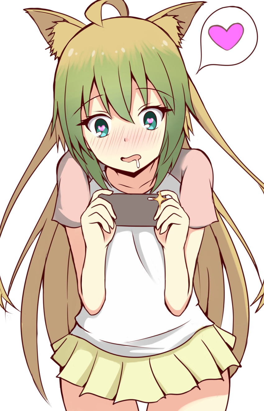 1girl absurdres ahoge atalanta_(fate) bangs blush brown_hair cellphone collarbone commentary_request cowboy_shot drooling eyebrows_visible_through_hair fate/apocrypha fate_(series) gradient_hair green_eyes green_hair hair_between_eyes hands_up heart heart-shaped_pupils highres holding holding_cellphone holding_phone mitchi multicolored_hair nose_blush parted_lips phone pleated_skirt raglan_sleeves saliva shirt short_sleeves simple_background skirt solo spoken_heart symbol-shaped_pupils white_background white_shirt yellow_skirt
