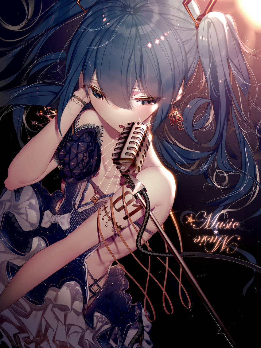 1girl :o arm_up atha_(leejuiping) bangs bare_shoulders blue_dress blue_eyes blue_flower blue_hair blue_rose blush bow bracelet breasts commentary_request dress dutch_angle earrings english eyebrows_visible_through_hair flower glint hair_between_eyes hatsune_miku highres jewelry long_hair microphone mirror_writing parted_lips rose small_breasts solo star strapless strapless_dress twintails upside-down_text very_long_hair vocaloid white_bow