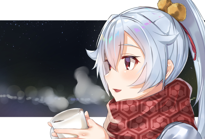 1girl bangs blush breath closed_eyes coffee coffee_mug commentary_request cup fate/grand_order fate_(series) from_side grey_hair hair_between_eyes hair_ornament high_ponytail highres holding holding_cup long_hair looking_away mug night outdoors outside_border parted_lips pom_pom_(clothes) ponytail red_eyes red_scarf scarf shiny shiny_hair smile solo steam tapioka_(oekakitapioka) tomoe_gozen_(fate/grand_order) upper_body