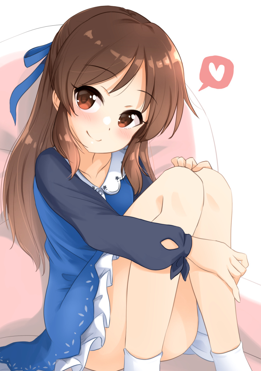 1girl bare_legs black_sleeves blue_dress blue_ribbon blush brown_eyes brown_hair closed_mouth collared_dress commentary_request cushion dress eyebrows_visible_through_hair frills heart highres idolmaster idolmaster_cinderella_girls idolmaster_cinderella_girls_starlight_stage kibihimi knees_up long_hair long_sleeves looking_at_viewer peter_pan_collar petticoat puffy_long_sleeves puffy_sleeves raglan_sleeves raised_eyebrows ribbon side_cutout sitting smile solo speech_bubble spoken_heart tachibana_arisu tied_sleeves white_legwear