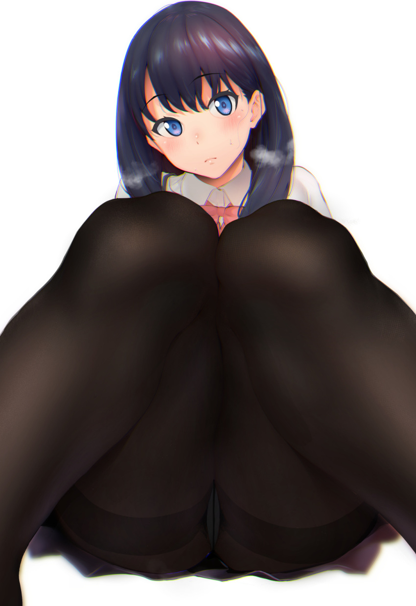 1girl ass bangs black_hair black_legwear black_skirt blue_eyes blush bow bowtie feet_out_of_frame heavy_breathing highres hips huge_ass iku_(ikuchan_kaoru) knees knees_together_feet_apart knees_up long_hair looking_at_viewer panties pantyhose pink_neckwear pleated_skirt simple_background sitting skirt solo ssss.gridman sweater swept_bangs takarada_rikka thick_thighs thighband_pantyhose thighs underwear white_background white_panties white_sweater wide_hips