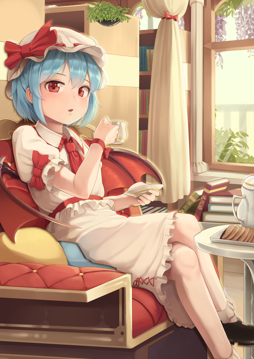 1girl absurdres armchair black_footwear blue_hair blush book_stack bow chair cup curtains cushion day goback hat hat_bow highres holding holding_cup holding_plate indoors legs_crossed looking_at_viewer mob_cap parted_lips plate red_bow red_eyes red_ribbon remilia_scarlet ribbon short_hair sitting socks solo teacup teapot touhou tray white_legwear window wings
