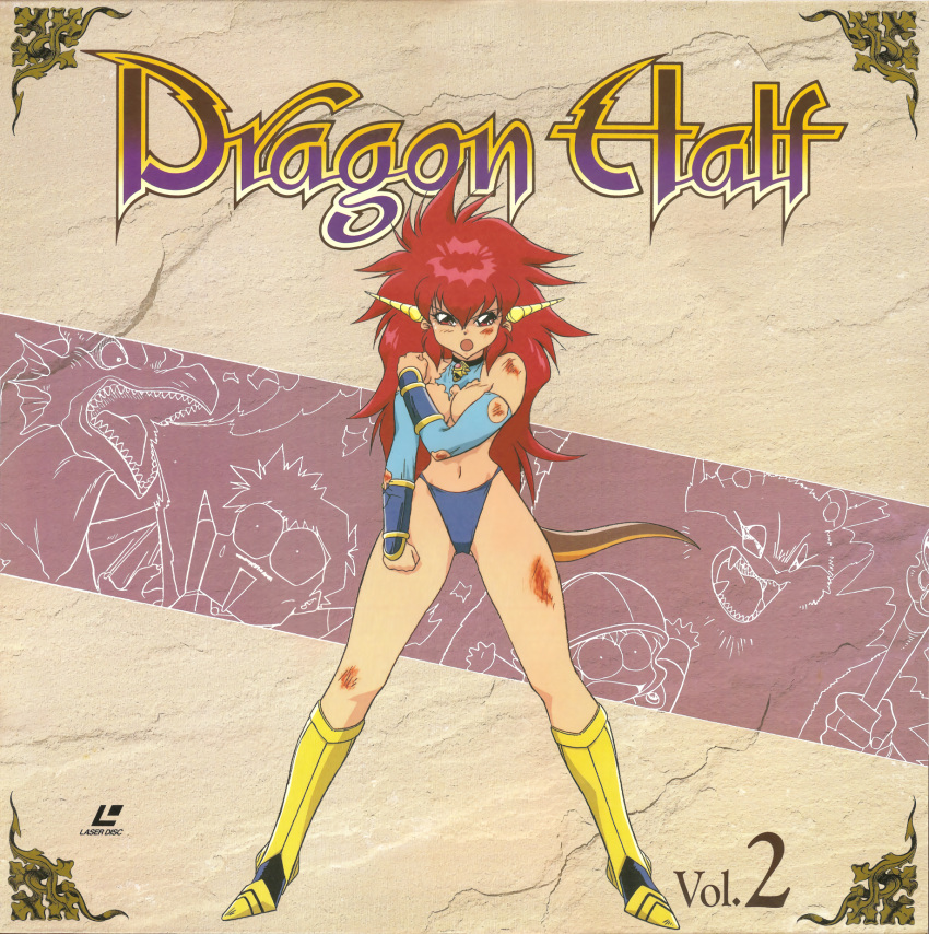 1girl 90s :o armored_boots boots bracer copyright_name cover covering covering_breasts dragon_half dragon_horns dragon_tail full_body hand_on_own_shoulder highres horns injury knee_boots laserdisc_cover mink_(dragon_half) navel official_art open_mouth red_eyes redhead solo standing tail torn_clothes yellow_footwear