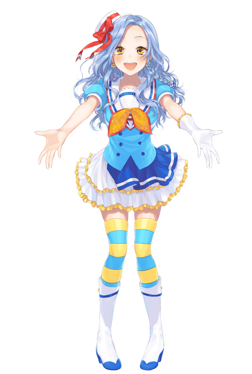 1girl :d absurdres aozora_jumping_heart blue_hair blue_shirt boots bow earrings eyebrows_visible_through_hair frilled_gloves frilled_skirt frills full_body gloves hair_ribbon hat hat_bow highres jewelry knee_boots layered_skirt long_hair looking_at_viewer love_live! love_live!_sunshine!! miniskirt open_mouth original outstretched_arm pleated_skirt red_bow red_ribbon ribbon shiny shiny_hair shirt short_sleeves simple_background single_glove skirt smile solo standing striped striped_legwear sudach_koppe thigh-highs white_background white_footwear white_gloves white_hat white_skirt yellow_eyes zettai_ryouiki