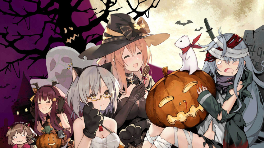 animal_ears cat_ears closed_mouth g11_(girls_frontline) girls_frontline halloween halloween_costume hat highres jack-o'-lantern laughing m1903_springfield_(girls_frontline) mink mk_23_(girls_frontline) official_art pumpkin sleeping vector_(girls_frontline) wa2000_(girls_frontline) witch witch_hat