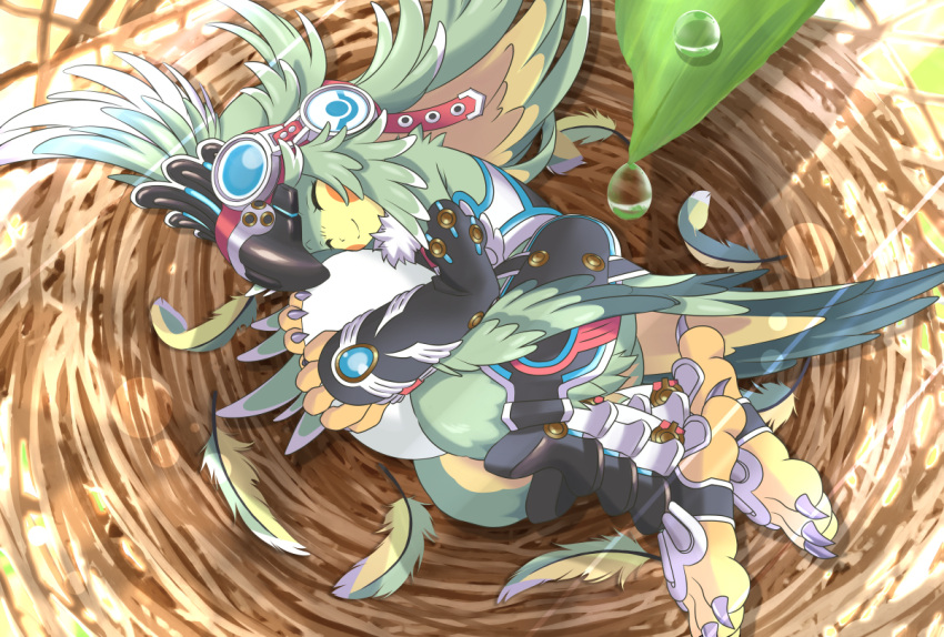 1girl bird claws closed_eyes commentary_request feather_hair feathers fur_collar gem goggles goggles_on_head hat ibuki_(xenoblade) long_hair monster_girl nintendo s_k_nyanpako sleeping smile solo talons toeless_legwear xenoblade_(series) xenoblade_2