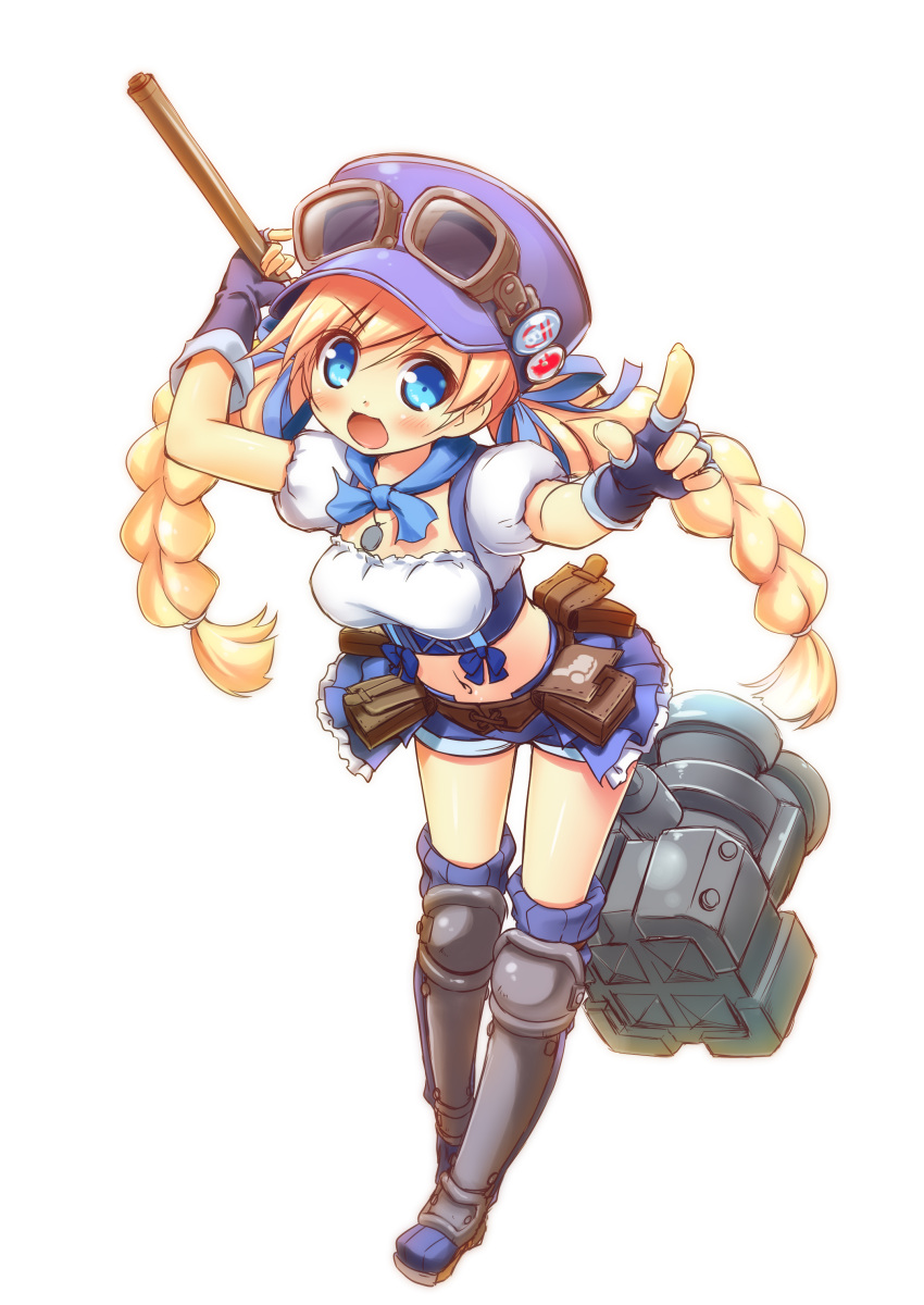 1girl :d absurdres arm_up armored_boots bag bangs blonde_hair blue_eyes blue_footwear blue_gloves blue_hat blue_ribbon blue_shorts blush boots braid breasts character_request commentary_request eyebrows_visible_through_hair fingerless_gloves fingernails full_body gloves goggles goggles_on_headwear hair_between_eyes hammer hat highres holding holding_hammer knee_boots kuwada_yuuki long_hair looking_at_viewer midriff navel open_mouth outstretched_arm peaked_cap pointing pointing_at_viewer puffy_short_sleeves puffy_sleeves ribbon satchel shirt short_shorts short_sleeves shorts simple_background small_breasts smile solo standing star_ocean twin_braids twintails v-shaped_eyebrows very_long_hair white_background white_shirt