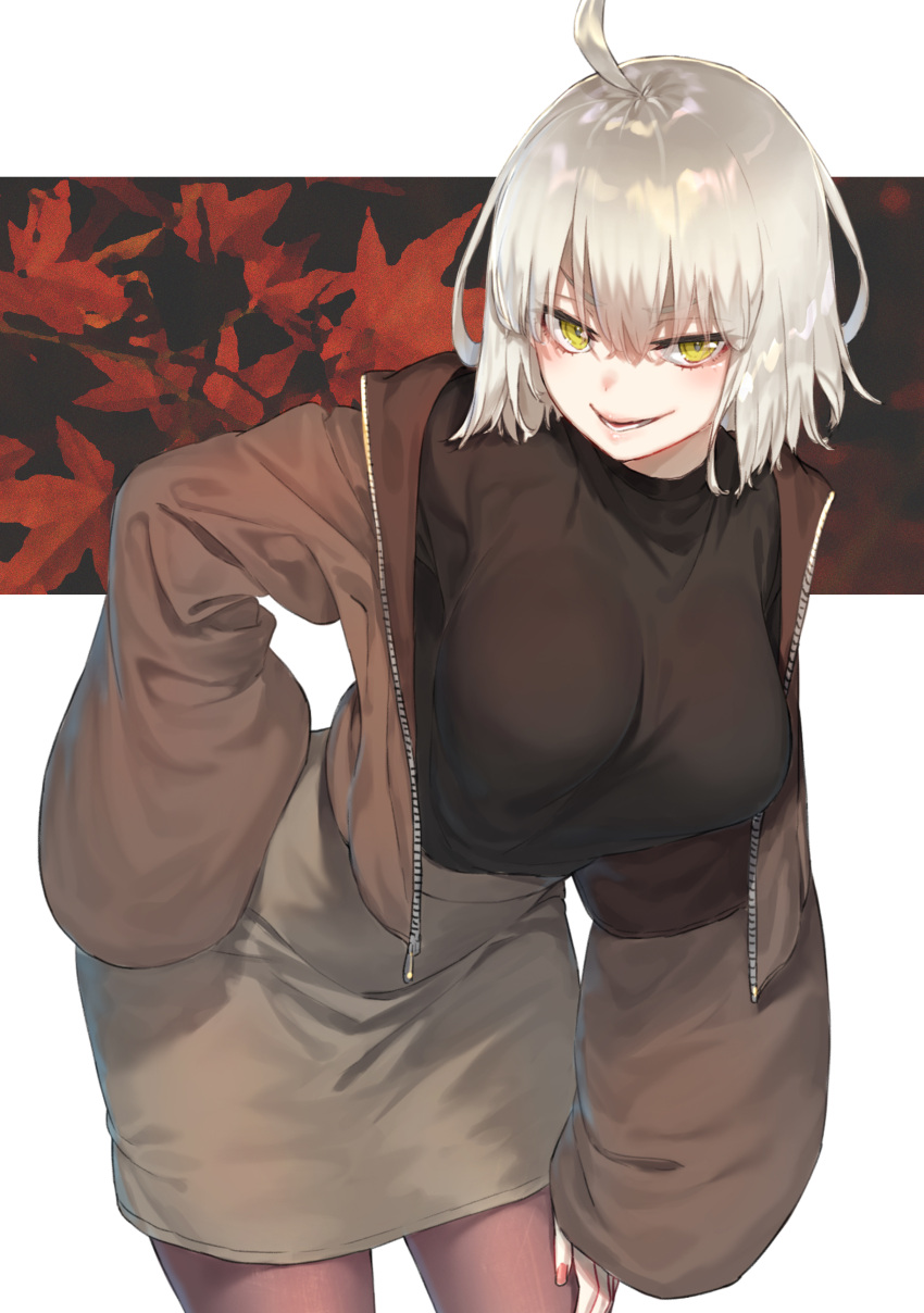 1girl absurdres ahoge black_sweater breasts casual fate/grand_order fate_(series) highres jeanne_d'arc_(alter)_(fate) jeanne_d'arc_(fate)_(all) large_breasts leaning_forward looking_at_viewer pantyhose rolua silver_hair skirt smile sweater yellow_eyes