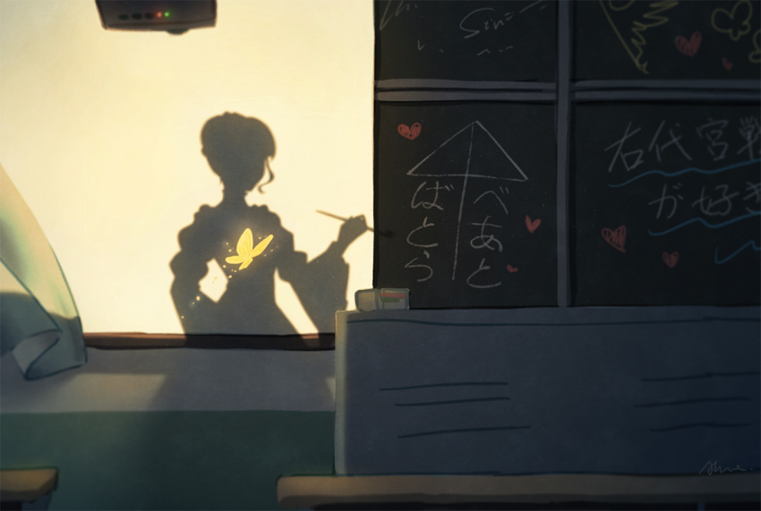 1girl aluce backlighting beatrice bug butterfly chalkboard curtains glowing_butterfly heart holding indoors insect long_sleeves school short_hair silhouette solo translated umineko_no_naku_koro_ni wide_sleeves yellow_butterfly