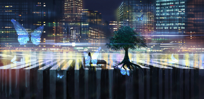 1girl abstract bed bug building butterfly city cityscape commentary_request crosswalk film_grain highres insect kojomi_(7j543) light night original outdoors scenery shiny sitting solo tree water