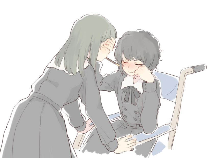 2girls bangs black_hair blush closed_eyes covering_another's_eyes embarrassed face_grab flowers_(innocent_grey) food green_hair keiya long_hair mole mole_on_neck multiple_girls pocky pocky_kiss ribbon school_uniform shared_food short_hair simple_background sitting takasaki_chidori wheelchair yaegaki_erika yuri