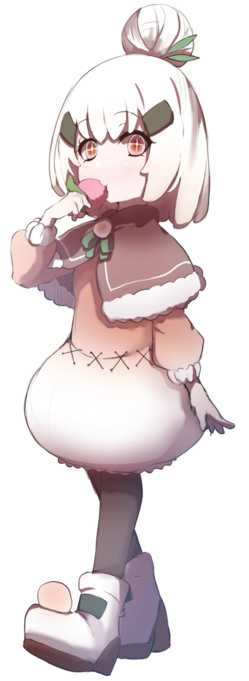 +_+ 1girl absurdres bangs blush boots brown_capelet brown_dress brown_eyes brown_legwear capelet commentary_request dress eyebrows_visible_through_hair food fruit full_body fur-trimmed_capelet fur_trim gradient_dress hair_between_eyes hair_bun hair_ornament hand_up highres holding holding_food long_sleeves looking_away original pantyhose peach puffy_long_sleeves puffy_sleeves solo standing wada_kazu white_background white_dress white_footwear white_hair