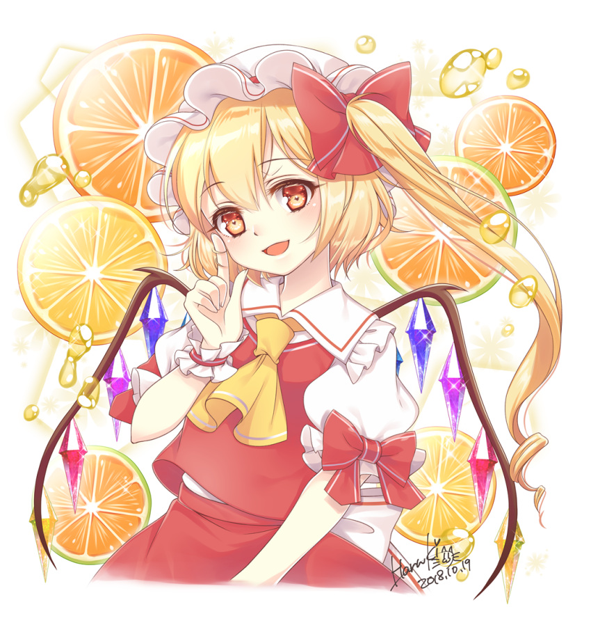 1girl ascot blonde_hair bow commentary_request crystal dated flandre_scarlet food frilled_shirt_collar frills fruit hair_bow hair_twirling haruki_(colorful_macaron) hat mob_cap open_mouth orange orange_juice puffy_short_sleeves puffy_sleeves red_bow red_vest shirt short_sleeves side_ponytail signature solo sparkle touhou upper_body vest white_shirt wings wrist_cuffs yellow_eyes yellow_neckwear